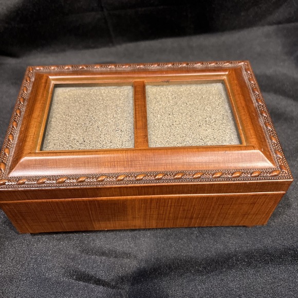 Sankyo Other - Wooden Music Musical Jewelry Box Glass Picture frame  Hinged Lid Sankyo Movement